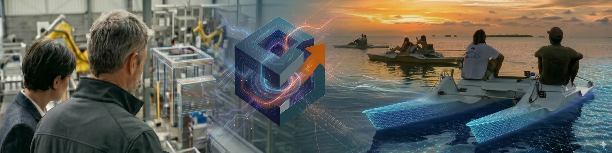 De l'industrie à l'eau : ligne de production et VTT des Mers au coucher du soleil